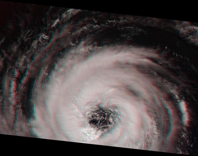 This stereoimage of Hurricane Alberto on August 19, 2000 was acquired by NASA Terra satellite. At this time, the storm was located in the North Atlantic Ocean, west of the Azores. 3D glasses are necessary to view this image.