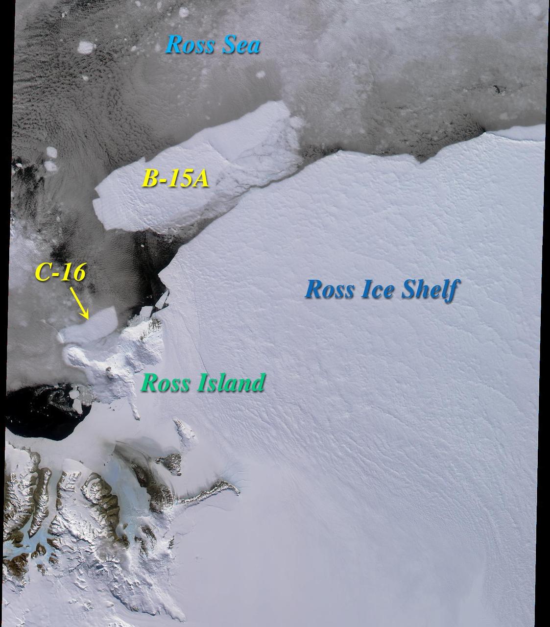 Two large icebergs, designated B-15A and C-16, captured by NASA Terra satellite, are of the Ross Ice Shelf and Ross Sea in Antarctica, acquired on December 10, 2000 during Terra orbit 5220, show