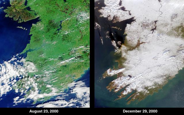 The contrast between summer and winter is apparent in this pair of images of southwestern Ireland acquired by NASA Terra satellite August 23, 2000 left and December 29, 2000 right.