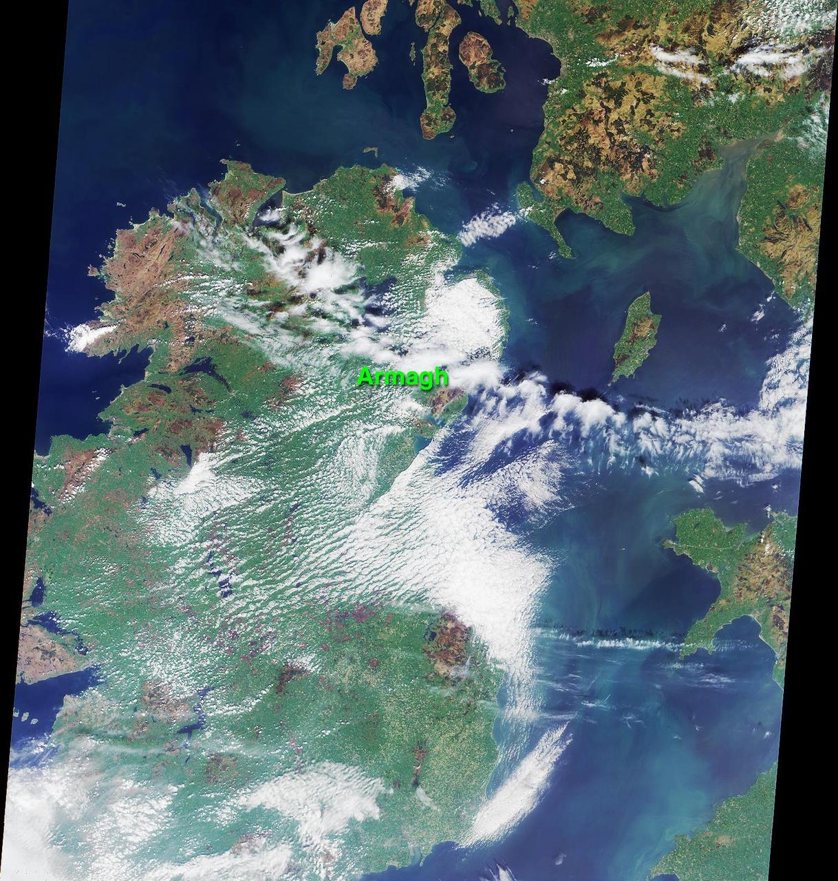 This image was acquired on May 5, 2000 during NASA Terra orbit 2026. The location of the town of Armagh in Northern Ireland is marked.