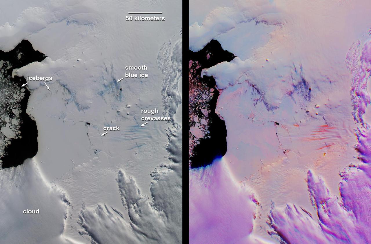 This pair of images from NASA Terra satellite are of the Pine Island Glacier in western Antarctica, acquired on December 12, 2000 during Terra orbit 5246.