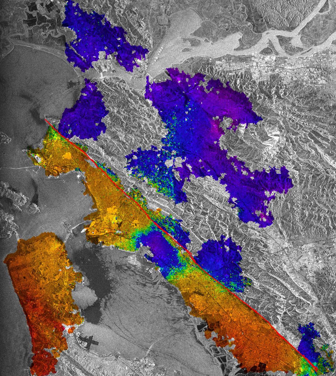 This image of California Hayward fault is an interferogram created using a pair of images taken by ESA ERS-1 and ERS-2 in June 1992 and September 1997 over the central San Francisco Bay in California.