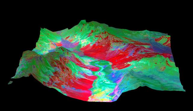 This 3-D perspective view looking north over Death Valley, California, was produced by draping ASTER nighttime thermal infrared data over topographic data from the US Geological Survey. The ASTER data were acquired April 7, 2000 with the multi-spectral thermal infrared channels, and cover an area of 60 by 80 km (37 by 50 miles). Bands 13, 12, and 10 are displayed in red, green and blue respectively. The data have been computer enhanced to exaggerate the color variations that highlight differences in types of surface materials. Salt deposits on the floor of Death Valley appear in shades of yellow, green, purple, and pink, indicating presence of carbonate, sulfate, and chloride minerals. The Panamint Mtns. to the west, and the Black Mtns. to the east, are made up of sedimentary limestones, sandstones, shales, and metamorphic rocks. The bright red areas are dominated by the mineral quartz, such as is found in sandstones; green areas are limestones. In the lower center part of the image is Badwater, the lowest point in North America.  http://photojournal.jpl.nasa.gov/catalog/PIA02663