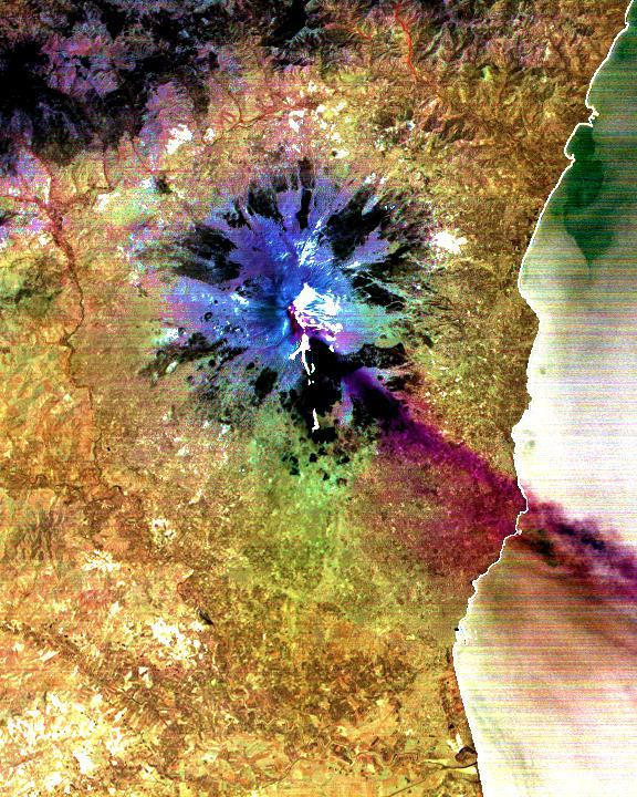 The current eruption of Mt. Etna started on July 17, and has continued to the present. This ASTER image was acquired on Sunday, July 29 and shows the sulfur dioxide plume (in purple) originating form the summit, drifting over the city of Catania, and continuing over the Ionian Sea. ASTER's unique combination of multiple thermal infrared channels and high spatial resolution allows the determination of the thickness and position of the SO2 plume. The image covers an area of 24 x 30 km.  The image is centered at 37.7 degrees north latitude, 15 degrees east longitude.   http://photojournal.jpl.nasa.gov/catalog/PIA02678
