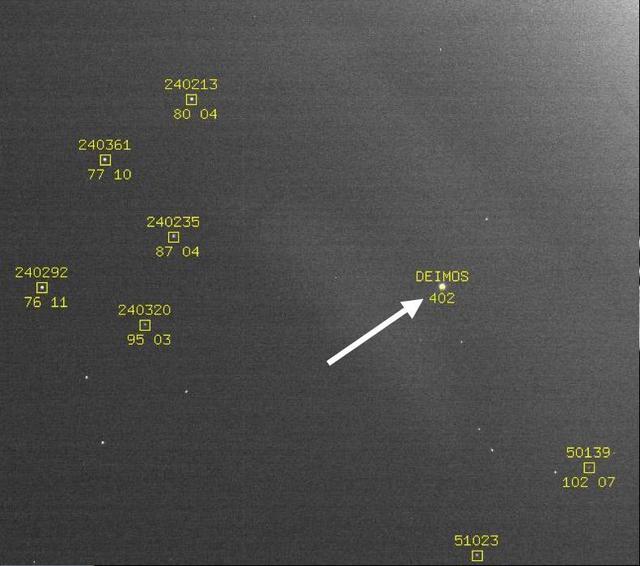 This image showing the position of the Martian moon Deimos against a   background of stars is part of a successful technology demonstration   completed by NASA Mars Reconnaissance Orbiter before arrival at Mars