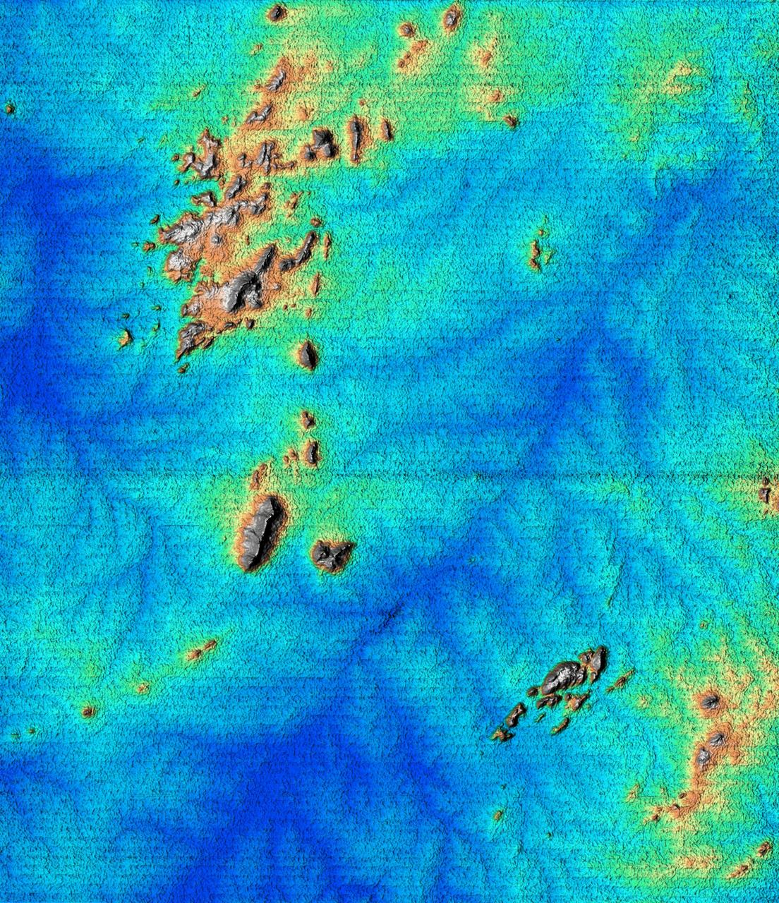 This topographic image acquired by SRTM shows an area south of the Sao Francisco River in Brazil. The scrub forest terrain shows relief of about 400 meters (1300 feet). Areas such as these are difficult to map by traditional methods because of frequent cloud cover and local inaccessibility. This region has little topographic relief, but even subtle changes in topography have far-reaching effects on regional ecosystems. The image covers an area of 57 km x 79 km and represents one quarter of the 225 km SRTM swath. Colors range from dark blue at water level to white and brown at hill tops. The terrain features that are clearly visible in this image include tributaries of the Sao Francisco, the dark-blue branch-like features visible from top right to bottom left, and on the left edge of the image, and hills rising up from the valley floor. The San Francisco River is a major source of water for irrigation and hydroelectric power. Mapping such regions will allow scientists to better understand the relationships between flooding cycles, forestation and human influences on ecosystems.  This shaded relief image was generated using topographic data from the Shuttle Radar Topography Mission. A computer-generated artificial light source illuminates the elevation data to produce a pattern of light and shadows. Slopes facing the light appear bright, while those facing away are shaded. On flatter surfaces, the pattern of light and shadows can reveal subtle features in the terrain. Shaded relief maps are commonly used in applications such as geologic mapping and land use planning.  http://photojournal.jpl.nasa.gov/catalog/PIA02700
