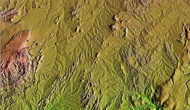 This topographic image acquired in February 2000 by NASA Shuttle Radar Topography Mission SRTM shows an area in the state of Bahia in Brazil.