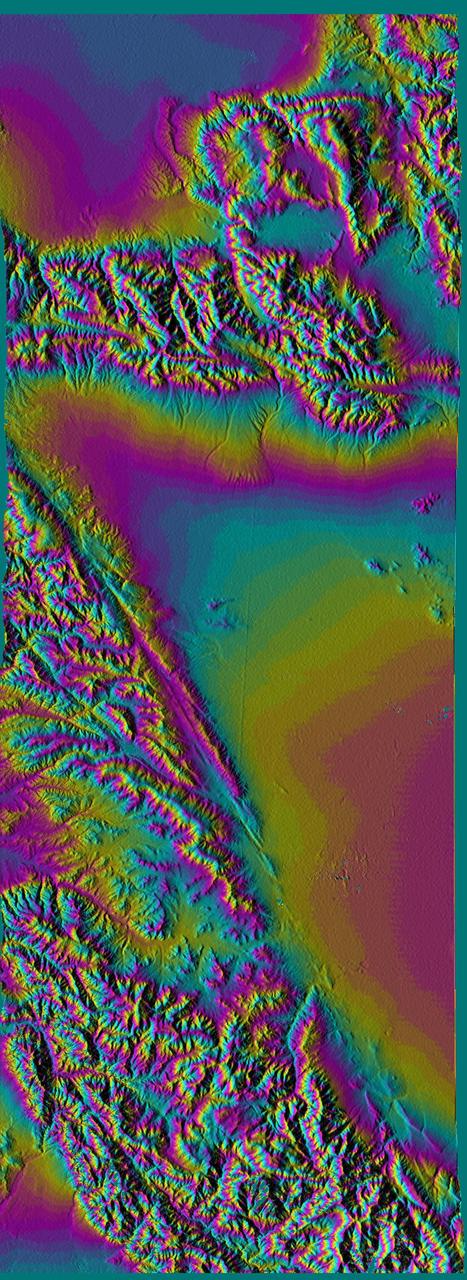 This topographic map acquired by NASA Shuttle Radar Topography Mission SRTM from data collected on February 16, 2000 vividly displays California famous San Andreas Fault along the southwestern edge of the Mojave Desert, Calif.