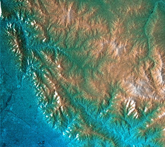 This topographic radar image acquired by NASA Shuttle Radar Topography Mission SRTM from data collected on February 16, 2000 shows the relationship of the urban area of Pasadena, California to the natural contours of the land.