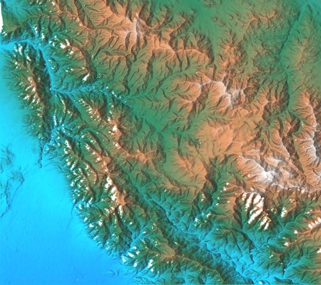 This topographic acquired by NASA Shuttle Radar Topography Mission SRTM from data collected on February 16, 2000 shows the relationship of the urban area of Pasadena, California to the natural contours of the land.