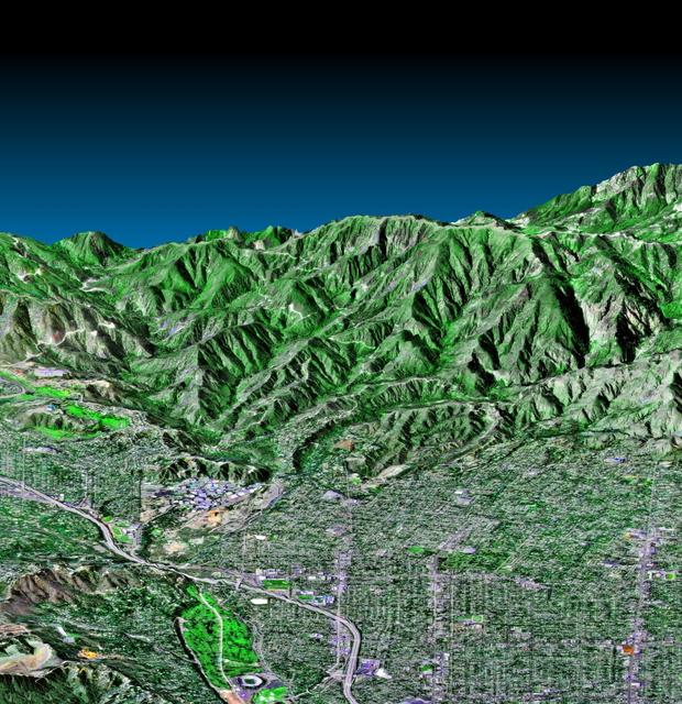 NASA image: Pasadena, California Perspective View with Aerial Photo and Landsat Overlay