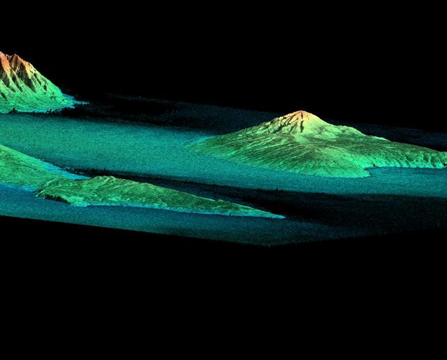 NASA image: Perspective View, Radar Image, Color as Height, Molokai, Lanai and Maui, Hawaii