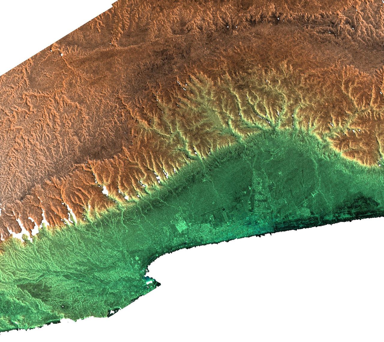 This radar image acquired by NASA Shuttle Radar Topography Mission SRTM from data collected on February 15, 2000 includes the city of Salalah, the second largest city in Oman.