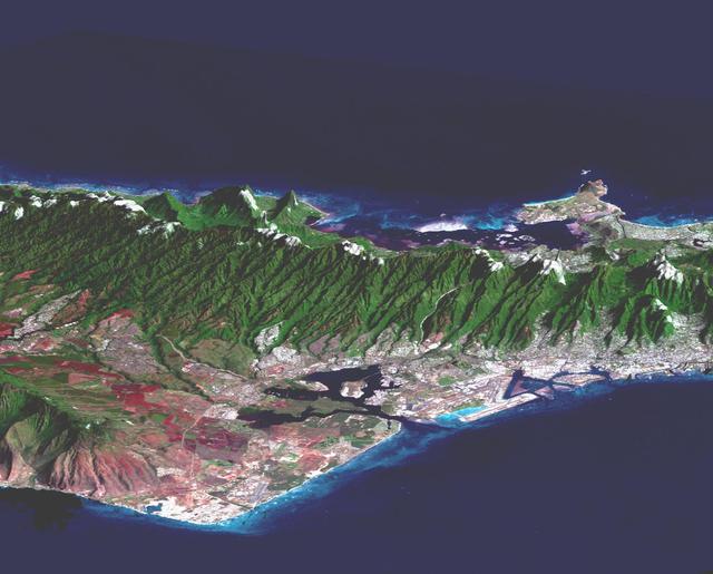 This perspective view, acquired by NASA Shuttle Radar Topography Mission SRTM in Feb. 2000, shows Honolulu, on the island of Oahu.