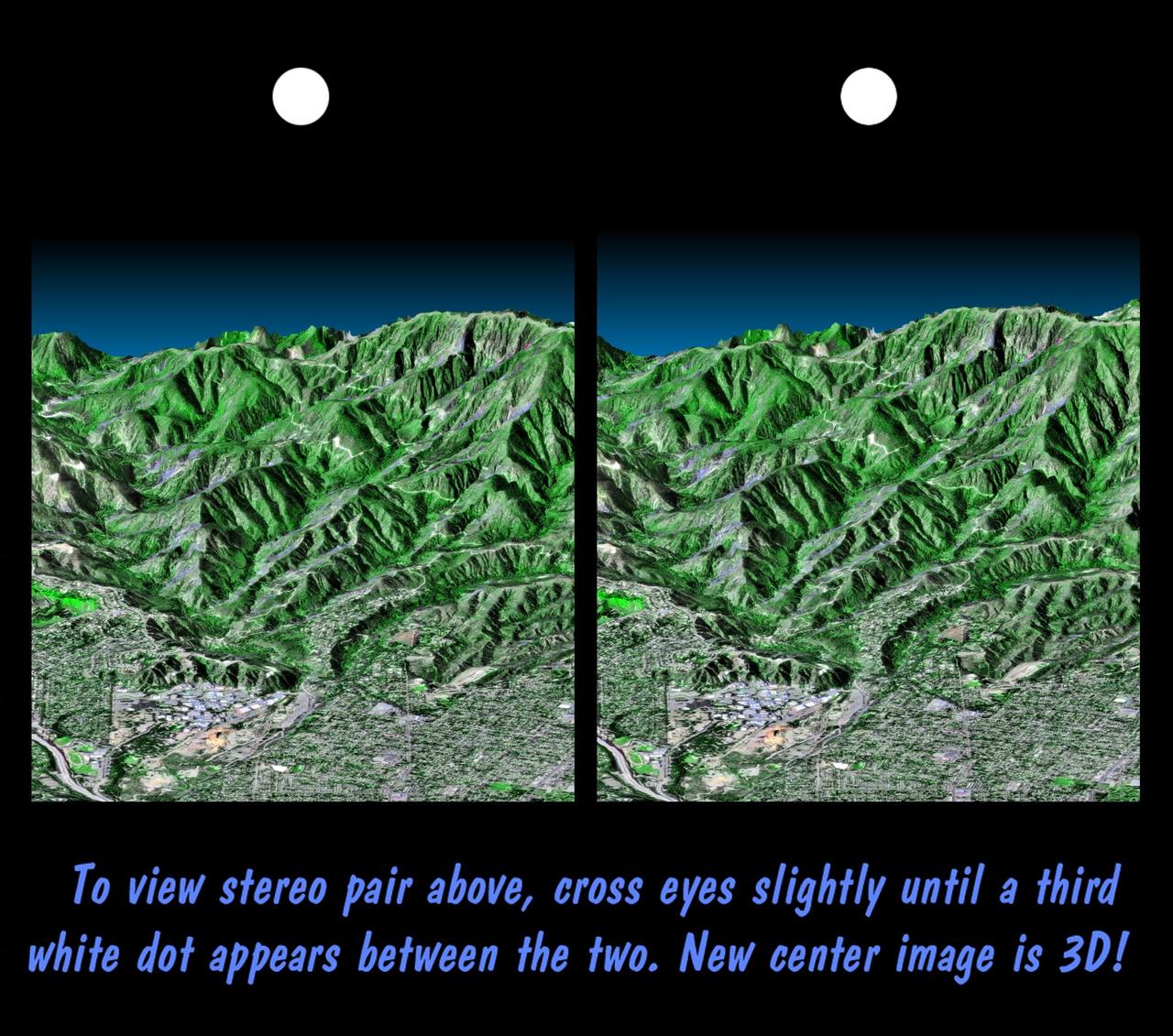 This stereoscopic image pair is a perspective view that shows the western part of the city of Pasadena, California, looking north toward the San Gabriel Mountains. Portions of the cities of Altadena and La Canada Flintridge are also shown.
