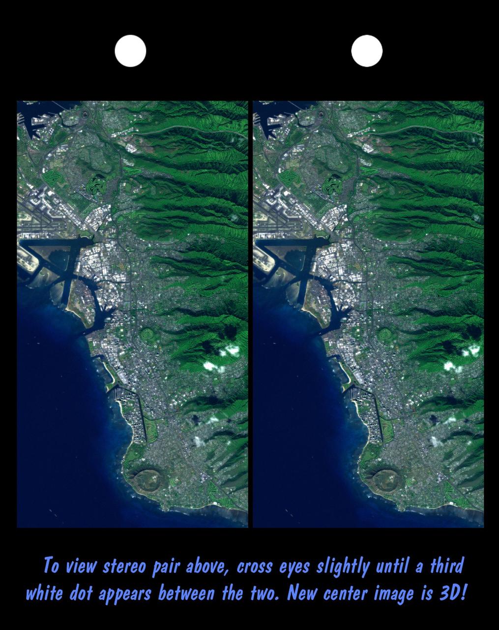 Honolulu, on the island of Oahu, is a large and growing urban area. This stereoscopic image pair, combining a Landsat image with topography measured by NASA Shuttle Radar Topography Mission SRTM, shows how topography controls the urban pattern.