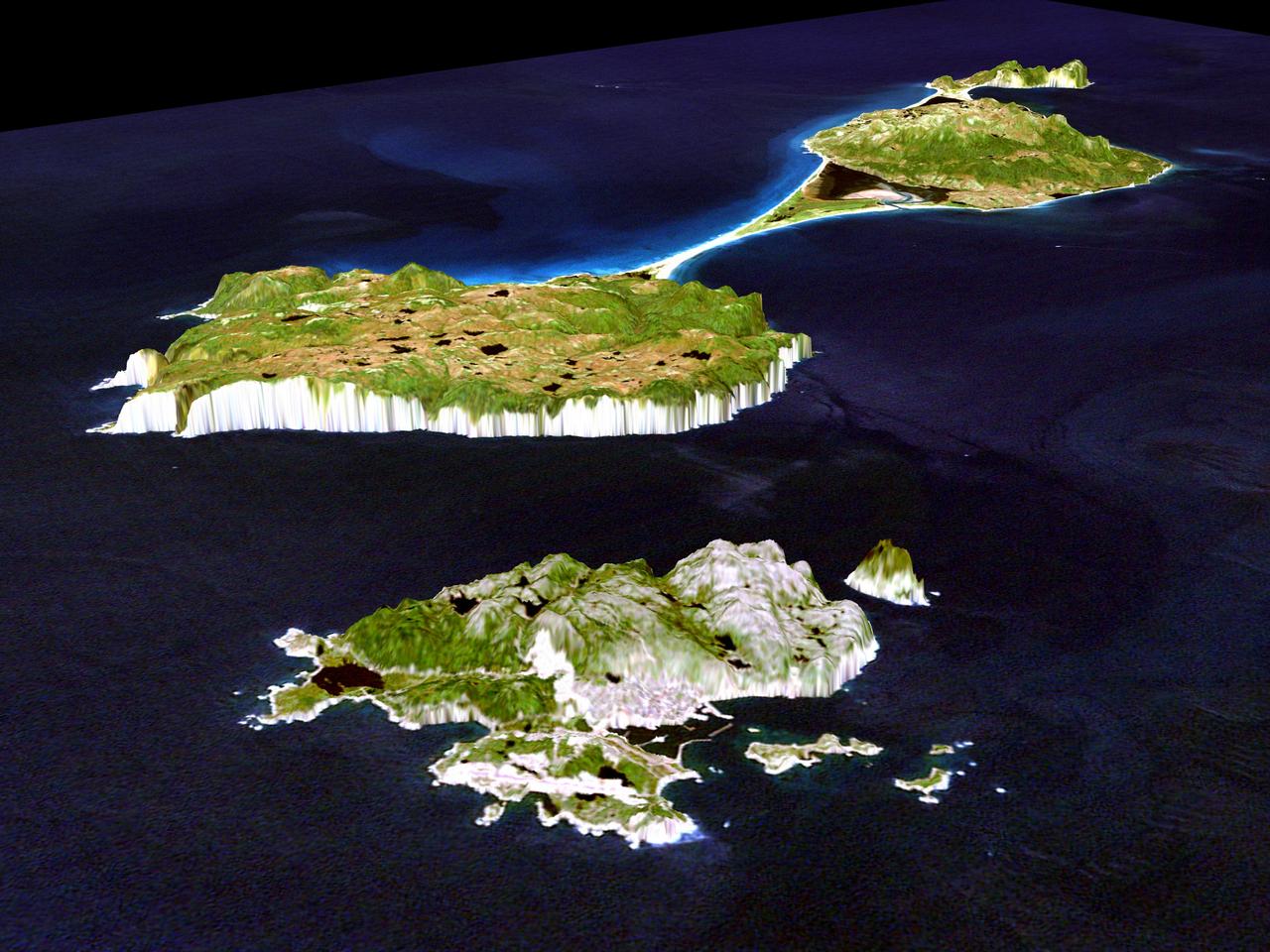 This image shows Miquelon and Saint Pierre Islands, located south of Newfoundland, Canada. These islands, along with five smaller islands, are a self-governing territory of France. North is in the top right corner of the image.