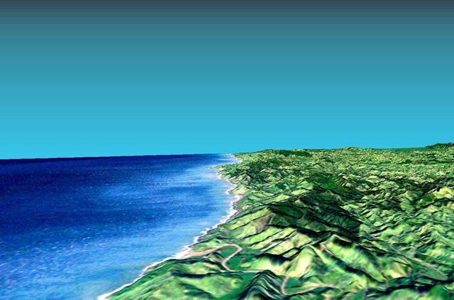 This 3-D perspective view looks south along the southeast coast of the North Island of New Zealand. The capital city of Wellington is off the right side of the image.
