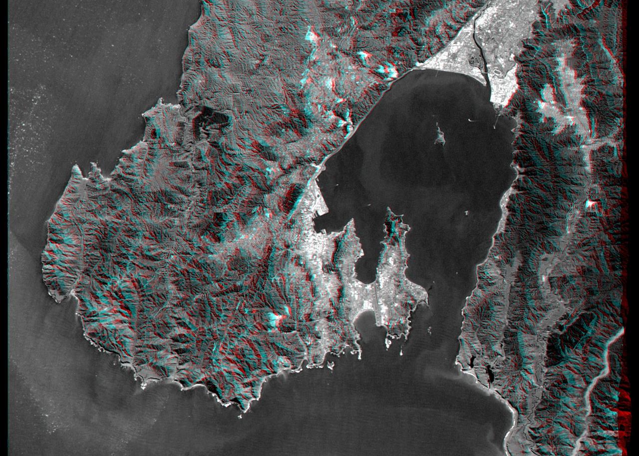 This anaglyph, from NASA Shuttle Radar Topography Mission, is of Wellington, the capital city of New Zealand, located on the shores of Port Nicholson, a natural harbor. 3D glasses are necessary to view this image.