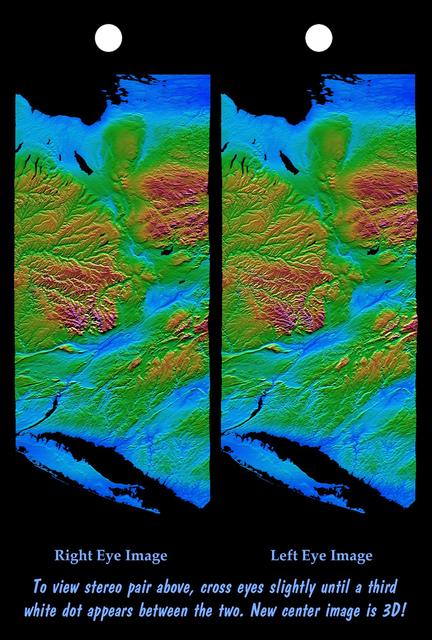 NASA image: Stereo Pair of Height as Color & Shaded Relief, New York State, Lake Ontario to Long Island