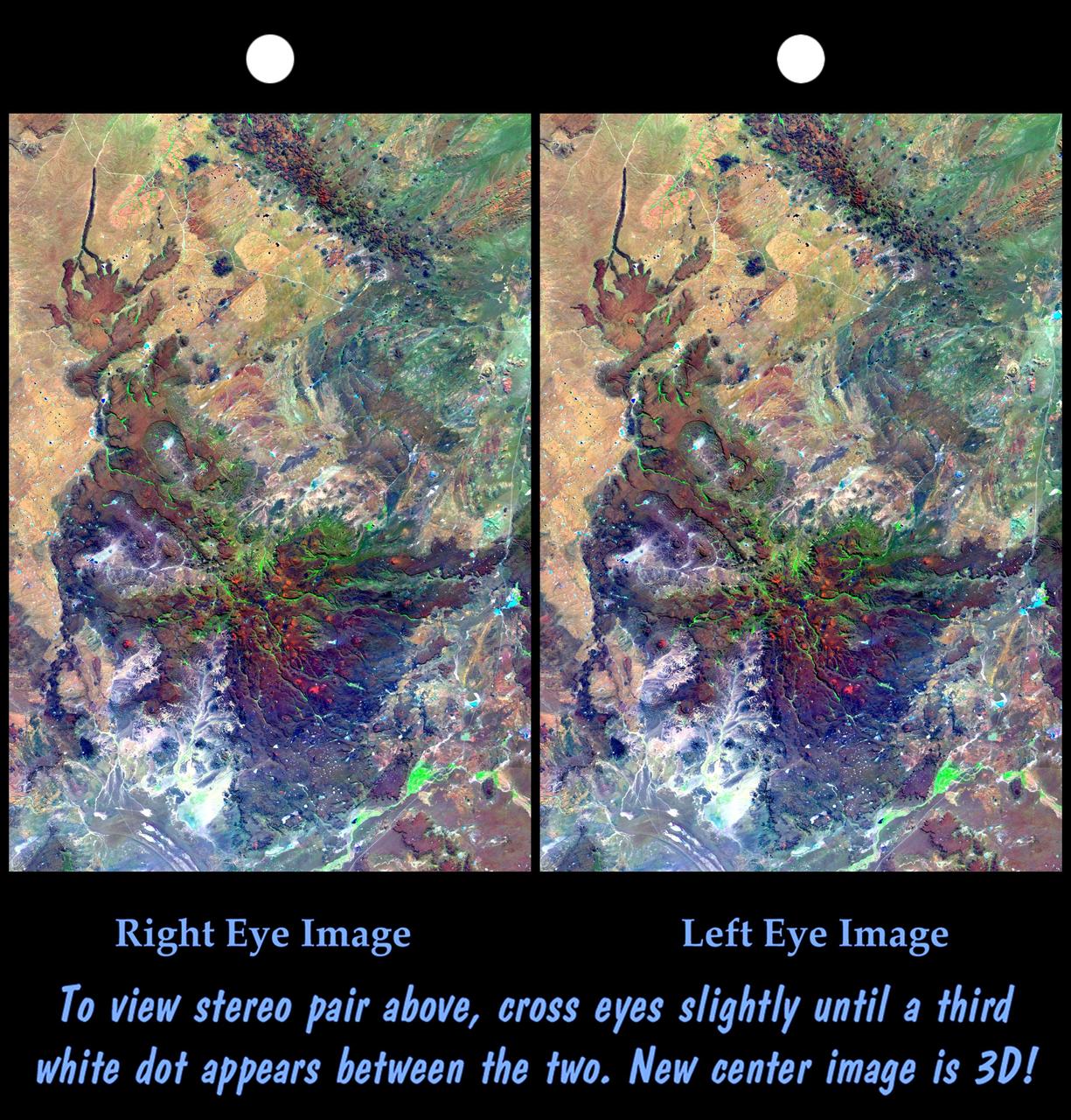 This view of northern Patagonia, at Los Menucos, Argentina shows remnants of relatively young volcanoes built upon an eroded plain of much older and contorted volcanic, granitic, and sedimentary rocks.