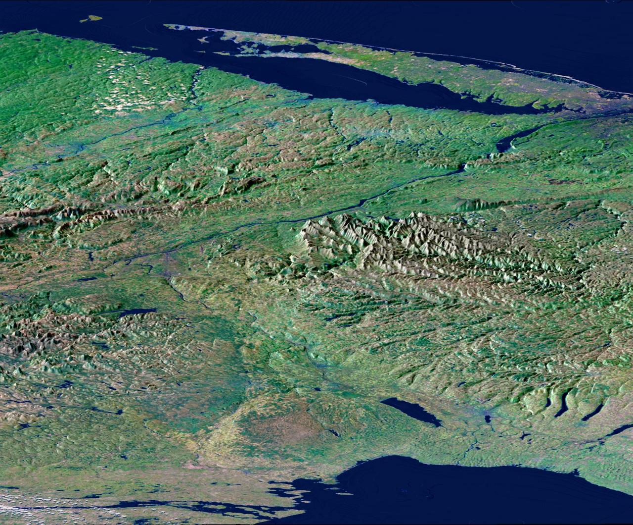 From Lake Ontario and the St. Lawrence River and extending to Long Island, this perspective view shows the varied topography of eastern New York State and parts of Massachusetts, Connecticut, Pennsylvania, New Jersey and Rhode Island.