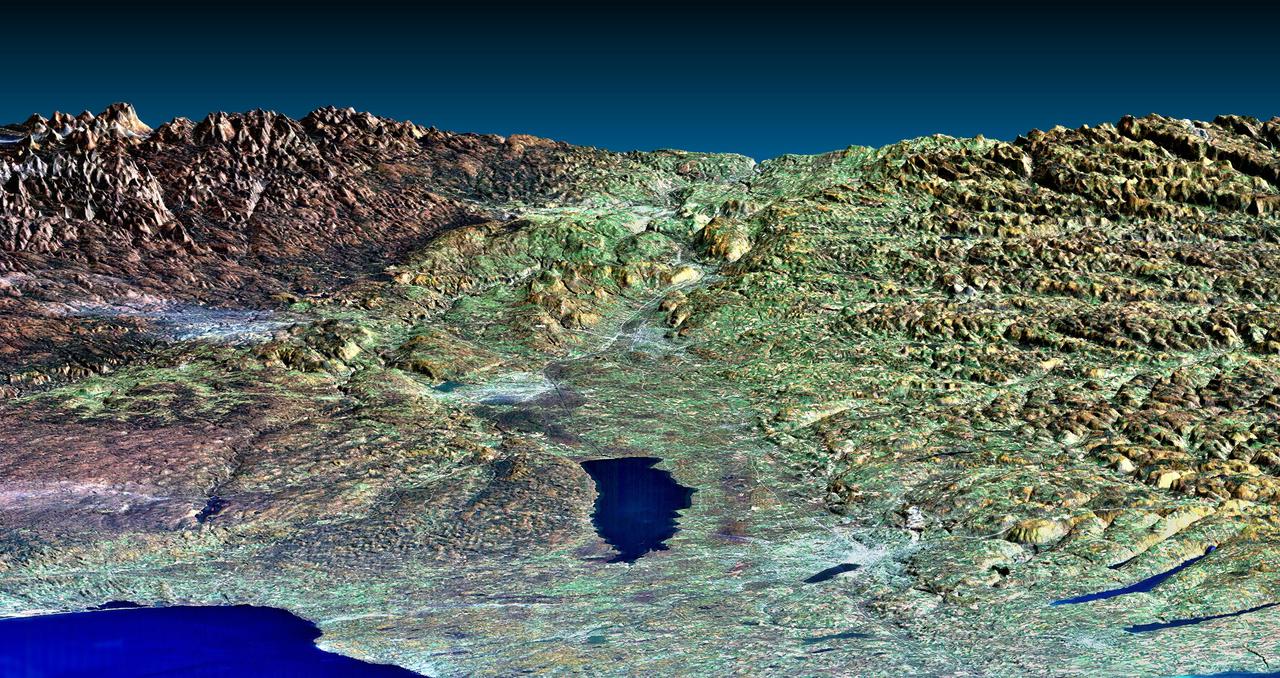 This perspective view of upstate New York shows Lake Ontario in the lower left, the Adirondack Mountains in the upper left, and the Catskill Mountains on the right.