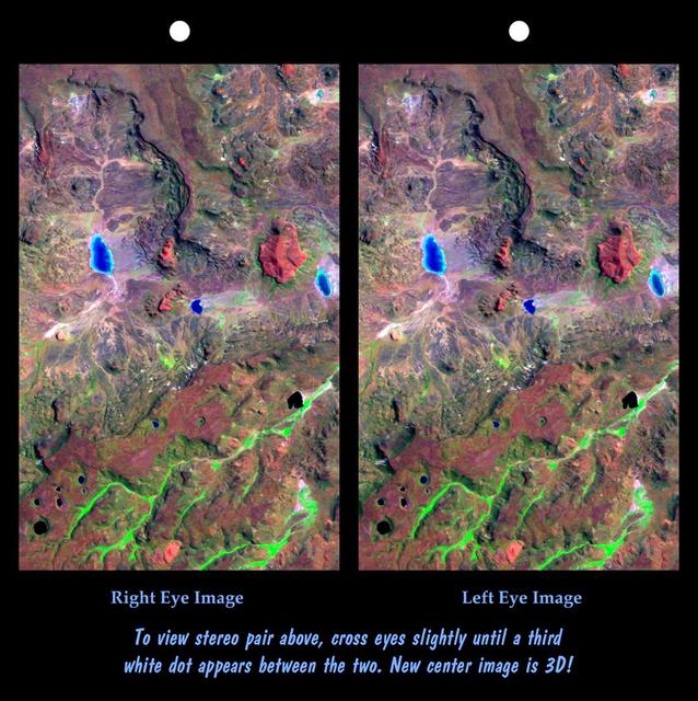 This view of northern Patagonia, near El Cain, Argentina shows complexly eroded volcanic terrain, with basalt mesas, sinkholes, landslide debris, playas, and relatively few integrated drainage channels.