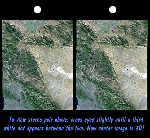 NASA image: SRTM Stereo Pair with Landsat Overlay: Los Angeles to San Joaquin Valley, California