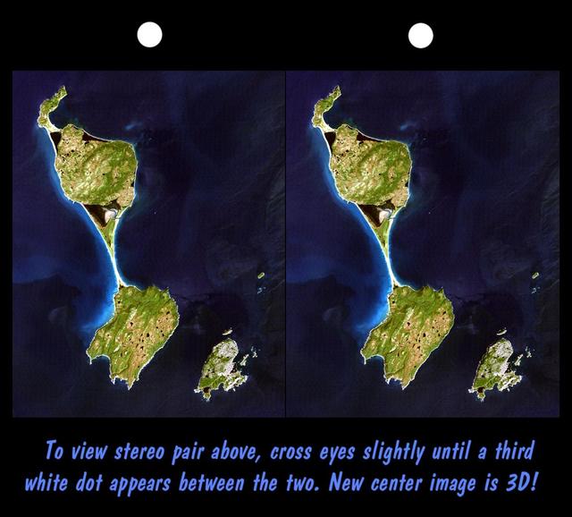 This stereoscopic satellite image showing Miquelon and Saint Pierre Islands, located south of Newfoundland, Canada, was generated by draping NASA Landsat satellite image over a preliminary Shuttle Radar Topography Mission SRTM elevation model.