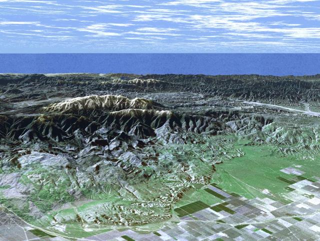 NASA image: SRTM Perspective View with Landsat Overlay: Mt. Pinos and San Joaquin Valley, California