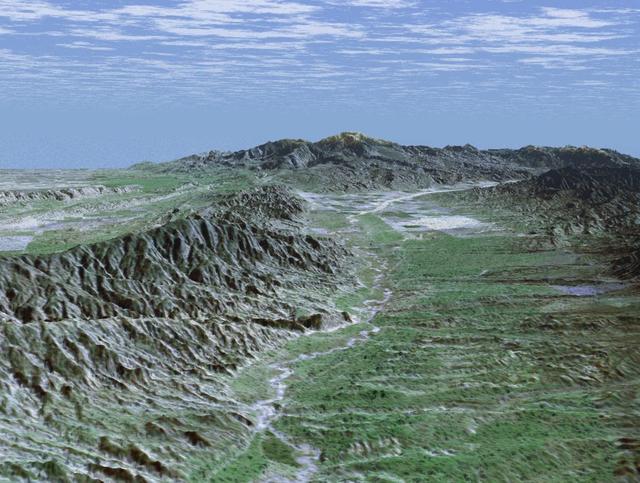 Caliente Range and Cuyama Valley, California, are shown in this image acquired by NASA Shuttle Radar Topography Mission SRTM on February 16, 2000.