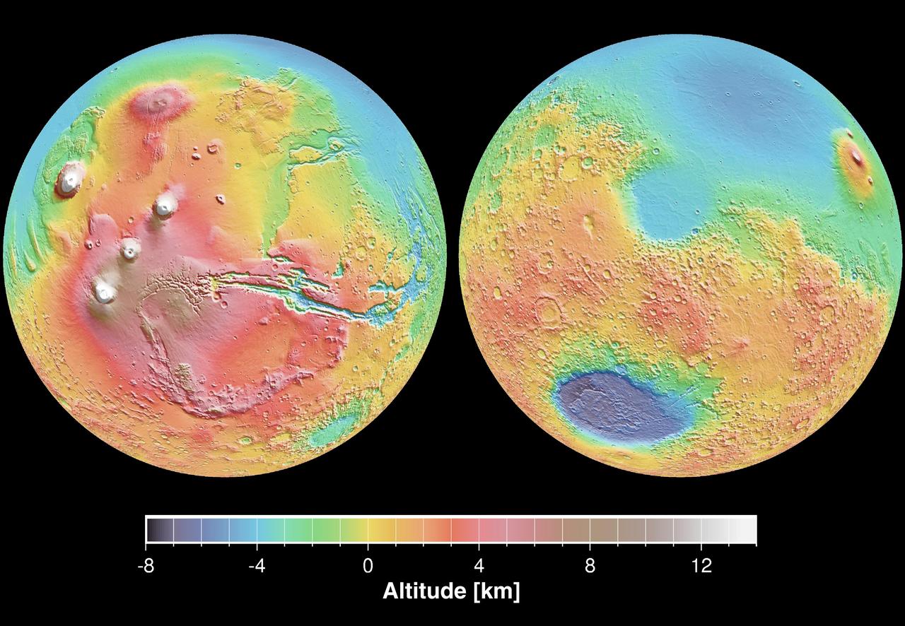 These maps are global false-color topographic views of Mars at different orientations from NASA Mars Orbiter Laser Altimeter MOLA. The maps are orthographic projections that contain over 200,000,000 points and about 5,000,000 altimetric crossovers.