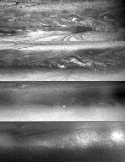 A four-panel frame shows a section of Jupiter north equatorial belt viewed by NASA Cassini spacecraft at four different wavelengths, and a separate reference frame shows the location of the belt on the planet.