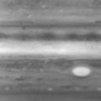 This image is one of seven from the narrow-angle camera on NASA Cassini spacecraft assembled as a brief movie of high-altitude cloud movements on Jupiter. It was taken in early October 2000.