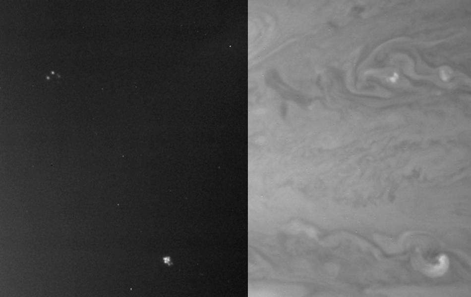 Day and night side narrow angle images taken on January 1, 2001 illustrating storms visible on the day side which are the sources of visible lightning when viewed on the night side. The images have been enhanced in contrast. Note the two day-side occurrences of high clouds, in the upper and lower parts of the image, are coincident with lightning storms seen on the darkside. The storms occur at 34.5 degrees and 23.5 degrees North latitude, within one degree of the latitudes at which similar lightning features were detected by the Galileo spacecraft. The images were taken at different times. The storms' longitudinal separation changes from one image to the next because the winds carrying them blow at different speeds at the two latitudes.   http://photojournal.jpl.nasa.gov/catalog/PIA02878