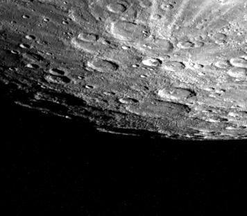 Mercury south pole was photographed by one of NASA Mariner 10 TV cameras; the pole is located inside the large crater on Mercury limb lower center. 