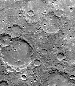 During its second encounter with Mercury on Sept. 21, 1974, NASA Mariner 10 took this picture of the planet South Polar Region. Many of the craters have denuded rims peppered by smaller craters.