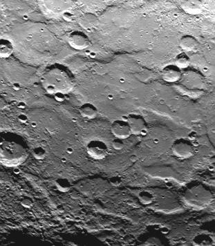 A cratered area near Mercury South Pole was photographed by NASA Mariner 10 during its second flyby of the planet of Sept. 21, 1974 the spacecraft made its first encounter with Mercury on March 19, 1974.