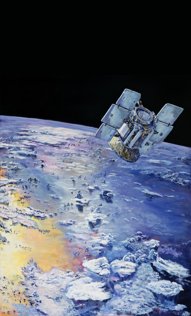 This is an artist concept depicting NASA CloudSat in orbit around Earth.