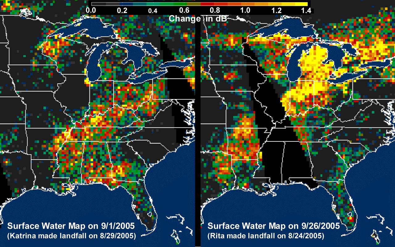 The above images, derived from NASA QuikScat satellite data, show the extensive pattern of rain water deposited by Hurricanes Katrina and Rita on land surfaces over several states in the southern and eastern United States. These results demonstrate the capability of satellite scatterometers to monitor changes in surface water on land.  The color scale depicts increases in radar backscatter (in decibels) between the current measurement and the mean of measurements obtained during the previous two weeks. The backscatter can be calibrated to measure increases in surface soil moisture resulting from rainfall. The yellow color corresponds to an increase of approximately 10 percent or more in surface soil moisture according to the calibration site of Lonoke, Ark.  The two hurricanes deposited excessive rainfall over extensive regions of the Mississippi River basin. Basins the size of the Mississippi can take up to several weeks before such excess rainfall significantly increases the amount of river discharge in large rivers such as the Mississippi. With hurricane season not over until November 30, the potential exists for significant flooding, particularly if new rain water is deposited by new hurricanes when river discharge peaks up as a result of previous rainfalls. River discharge should be closely monitored to account for this factor in evaluating potential flood conditions in the event of further hurricanes.  http://photojournal.jpl.nasa.gov/catalog/PIA03029