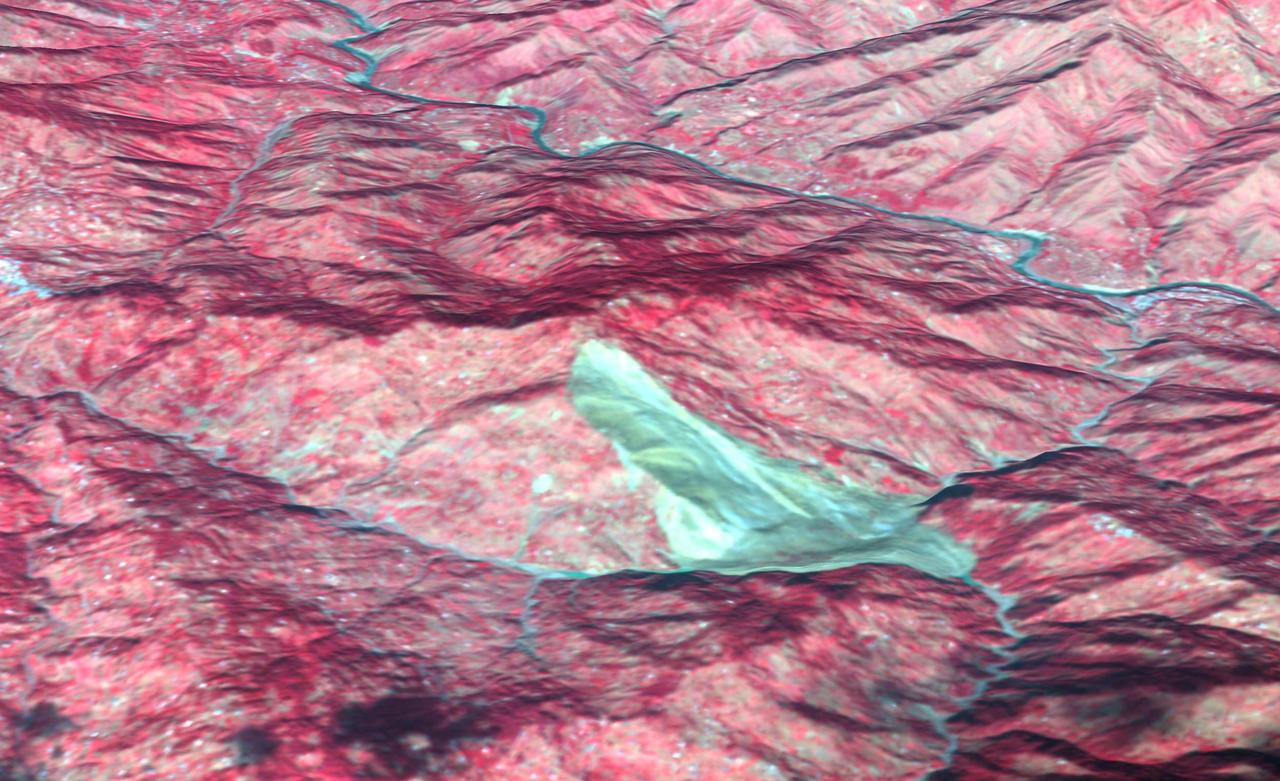 This 3D image was acquired by NASA Terra spacecraft on October 11, 2005 with digital topography from the Shuttle Radar Topography Mission. It depicts a large landslide which occurred in Kashmir, Pakistan.