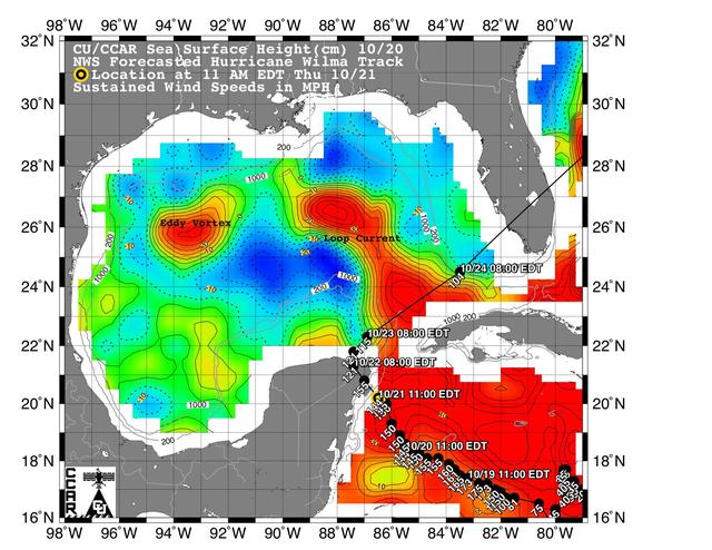 This sea surface height map of the Gulf of Mexico and the northwestern Caribbean Sea, with the Florida peninsula on the upper right, is based on altimeter data from three satellites including NASA Jason-1.