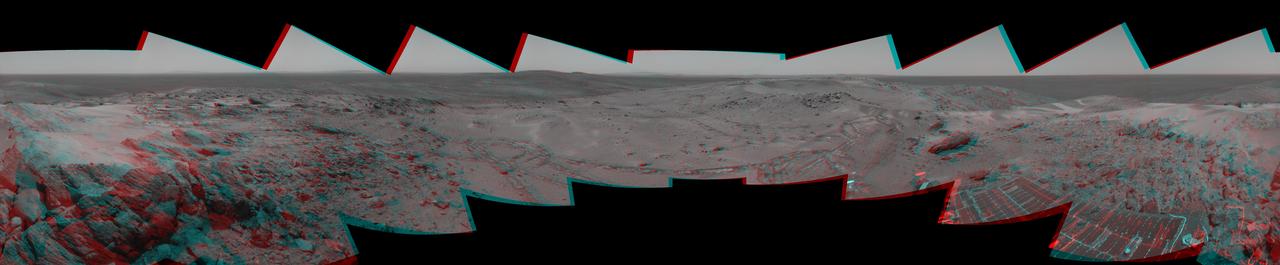 Before moving on to explore more of Mars, NASA Mars Exploration Rover Spirit looked back at the long and winding trail of twin wheel tracks the rover created to get to the top of Husband Hill. 3D glasses are necessary to view this image.