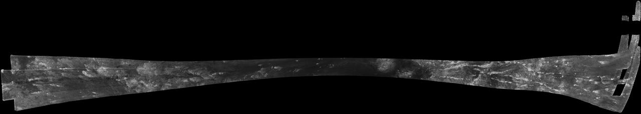 This image was obtained by NASA Cassini radar instrument during a flyby on Oct. 28, 2005. Equatorial Pass Trailing hemisphere, Central Adiri, Central Belet, Huygens Landing Site, Antillia Faculae.