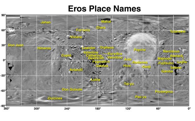 NASA image: Eros Map and Place Names