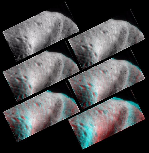 62 miles above Eros, NASA NEAR Shoemaker took several frames which were combined to create this anaglyph of the saddle region, 3D glasses are necessary to view this image.