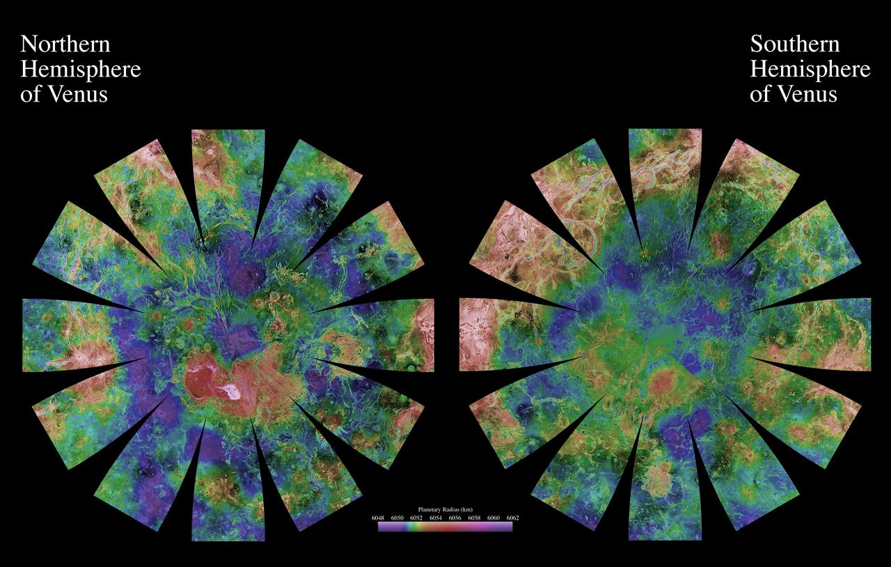 The images used for the base of this globe show the northern and southern hemispheres of Venus as revealed by more than a decade of radar investigations culminating in the 1990-1994 NASA Magellan mission.