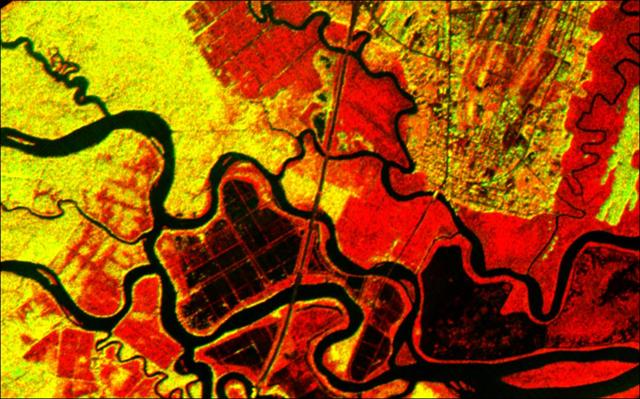 This radar image acquired by NASA Airborne Synthetic Aperture Radar AIRSAR in 2001, shows the Altamaha River Delta in the Georgia Sea Islands.