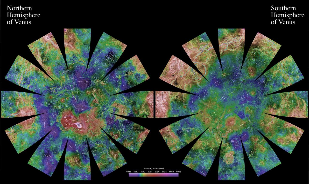 The images used for the base of this globe show the northern and southern hemispheres of Venus as revealed by more than a decade of radar investigations culminating in the 1990-1994 NASA Magellan mission.